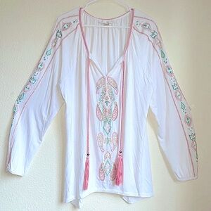 Boston proper XL embroidered coastal beaded beach vacation long sleeve soft top